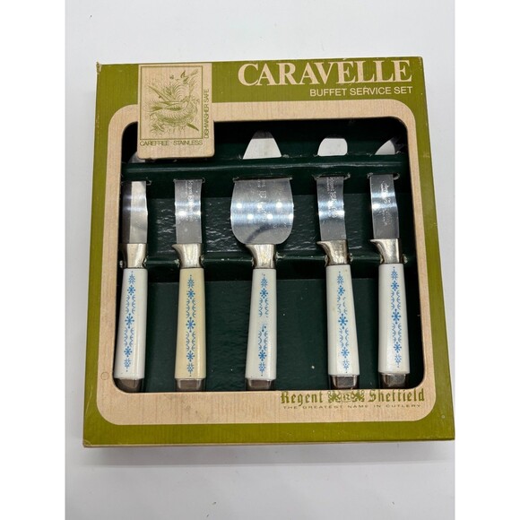 Caravelle Regent Sheffield 5 Pc Buffet Set Blue Snowflake Starburst Pattern - Picture 1 of 9